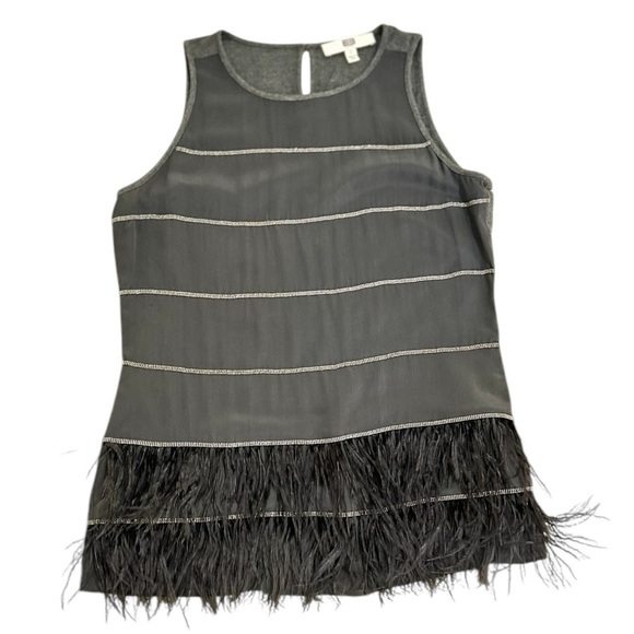 EE by Etcetera 100% silk gray sleeveless top with feather bottom trim size 2 - Picture 2 of 10